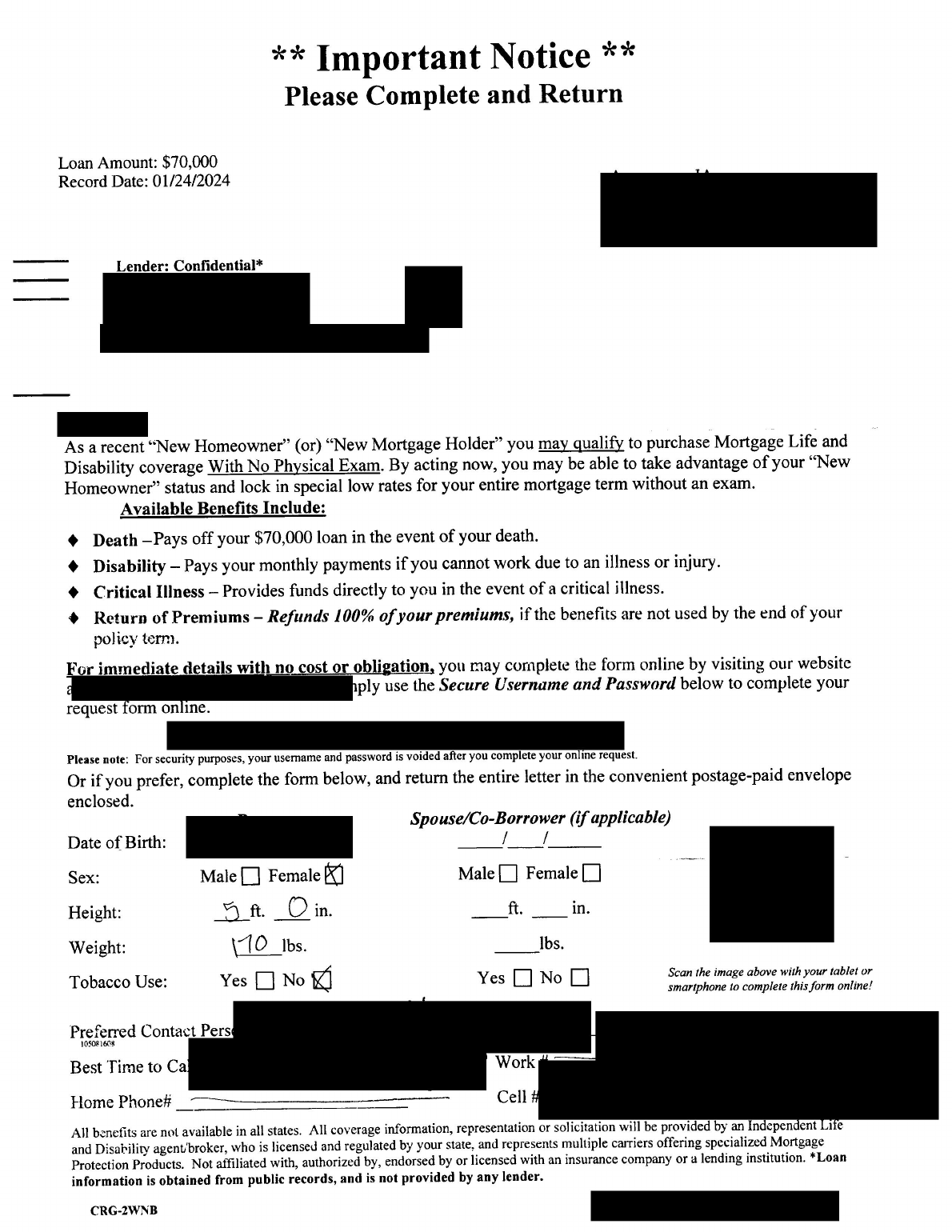 Redacted sample mortgage protection direct mail notice