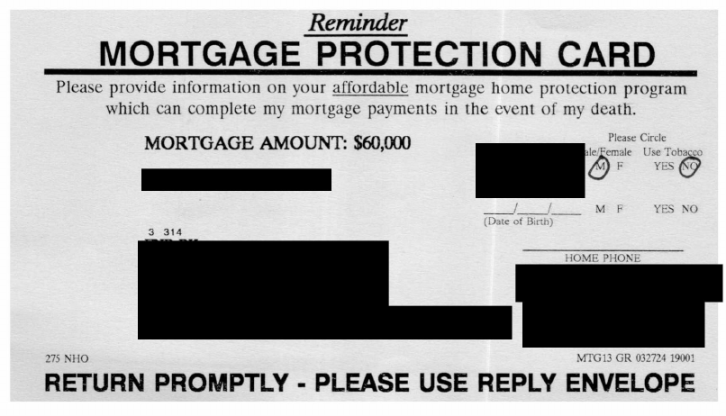 Redacted sample mortgage protection reminder card