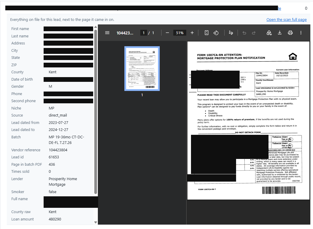 Redacted sample mortgage protection lead record