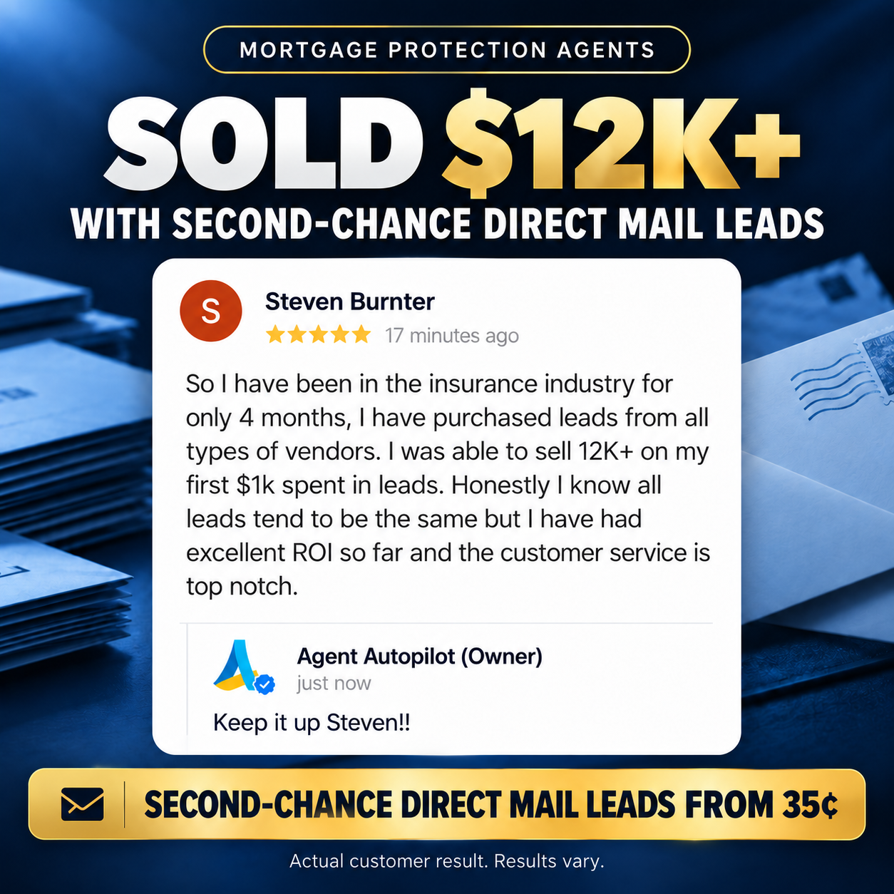 Steven Burnter sold $12K+ on his first $1k spent in Second Chance MP direct mail leads